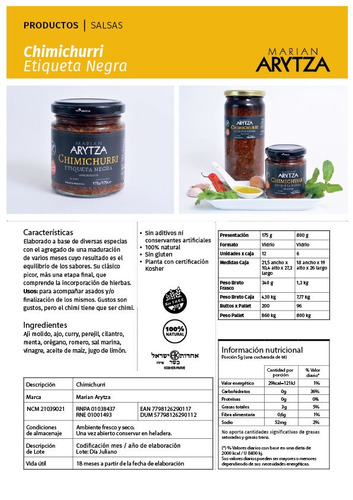 Chimichurri Picante Gourmet Arytza 800g. Natural - Sin Tacc