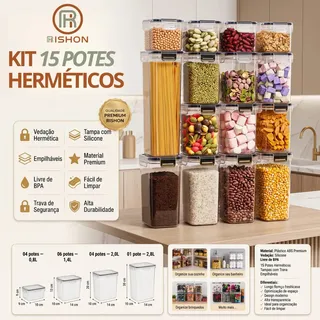Kit 15 Potes Hermetico Cadencia Mantimentos Quadrado Cozinha Branco Rishon 224 Litros