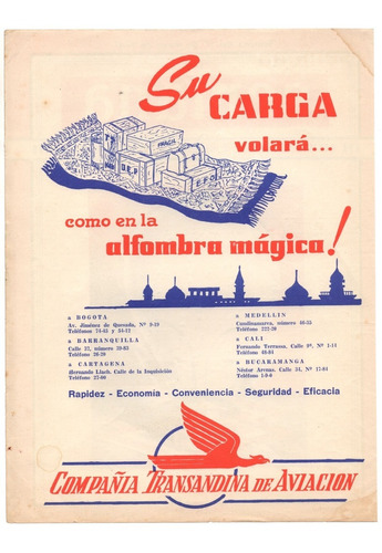 Compañía Transandina De Aviación Aviso Publicitario 1947