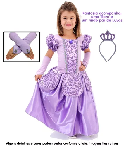 FANTASIA VESTIDO LILAS LONGO RENDA PRINCESINHA SOFIA LUXO