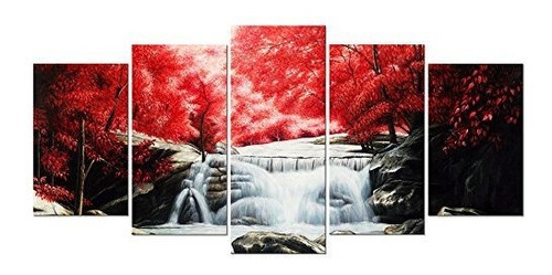 Red Forest Waterfalls 5 Piezas Im Ones En Lienzo Arte D...