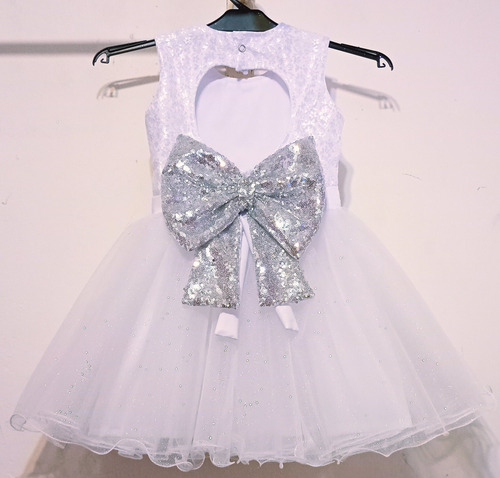 Vestido De Fiesta Para Bebe Nena Blanco Tul Brillos Con Moño