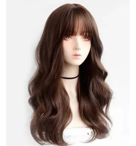 Peluca De Cabello Humano Largo Y Rizado Marrón Con Flequillo