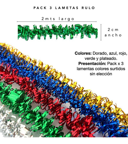 Imagen 3 de 10 de Lameta Colores Rulo Pack X 3 - Boa Guirnalda Deco Navidad