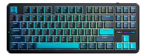 Teclado mecânico gamer Epomaker Aula F87 na cor preta com teclas ciano e iluminação RGB