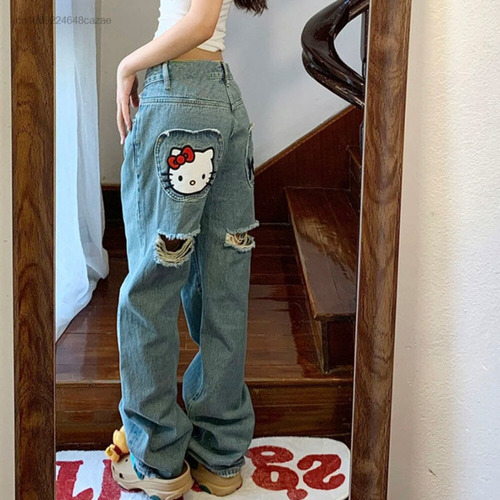 Pantalones Vaqueros Hello Kitty Para Mujer Adornados Con Dib