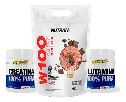 Kit W100 900g Nutrata + Glutamina Pura E Creatina Pura 300g 