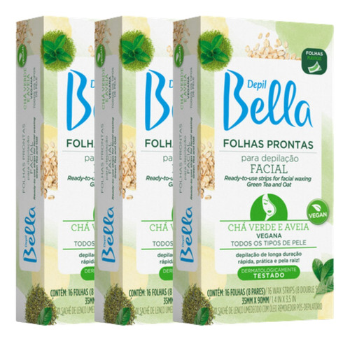 Kit 3 Cx Folhas Prontas Facial Chá Verde Depil Bella