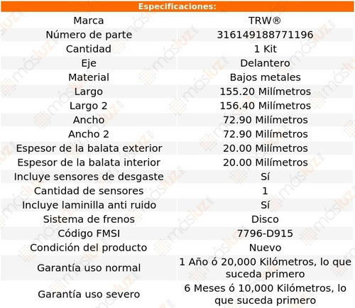 Balatas Bajos Metales Delanteras Volkswagen R32 08 Trw