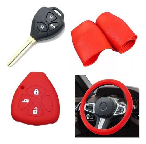 Cubre Volante + Funda Llave Silicona 3 Botones Toyota Rojo