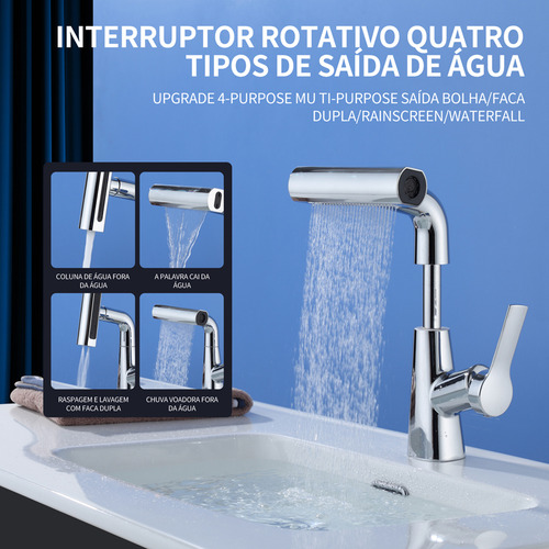 2025 Torneira De Cozinha E Banheiro Monocomando Flexível 4 Modos Misturador Aço Inoxidável 304 Brilhante - Gourmet C/ Base Giratória E Saída Cascata | Pia/bancada +60cm Tubo Dorofox