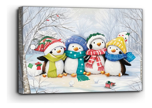 Cuadro  Canvas Pingüinos Navideños 120x90 Cm