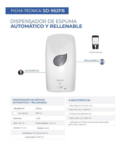 Jaboneras Rellenables Blanca Automatica Caja 12 Pz