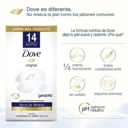 Imagen 3 de 5 de Jabón Corporal Dove En Barra C/ Crema Humectante 14 Pzs Full