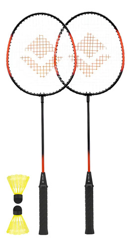 Kit Badminton 2 Raquetes + 2 Petecas Praia Quadra Vollo Cor Preto e Laranja