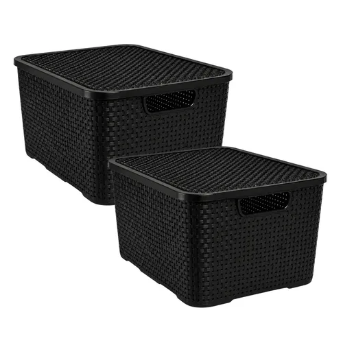 Útil Top Kit 2 Cestos Organizadores de Rattan Pretos com Tampa e Alça