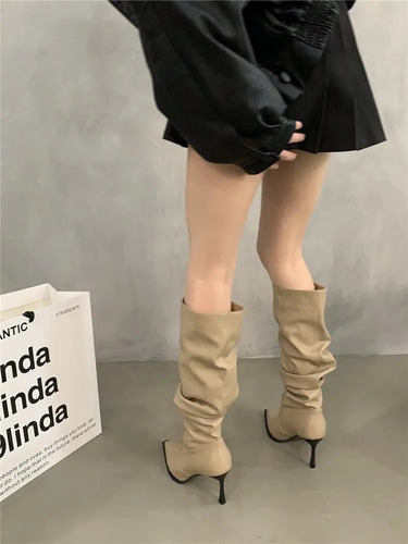 Botas Largas De Cuero Con Tacón Alto Y Punta Puntiaguda Para