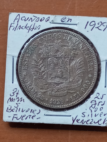 Moneda De 5 Bs Fuerte Plata De 1929