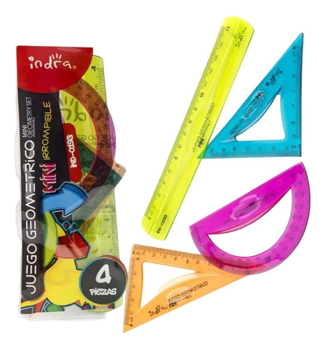 Set 4 Regla Y Escuadras Flexibles Diferentes Irrompible Neon