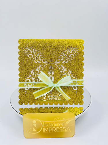 10 Sobres Invitación Corte Laser Glitter Laserfly 15x15 Dorado Amarillo