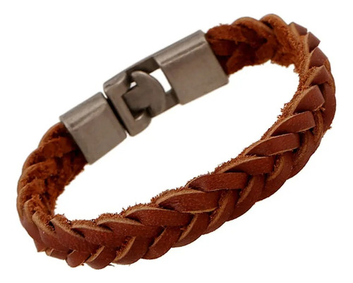 Pulsera Brazalete Hombre Cuero Genuino Trenzado Marron