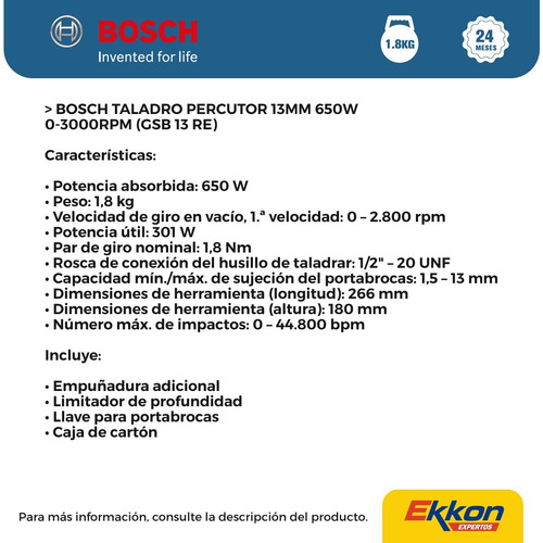 Imagen 3 de 8 de Taladro Percutor Bosch 13 Mm 650 W Gsb 13 Re