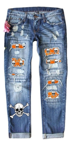 Pantalones Vaqueros Rasgados Con Estampado Calavera