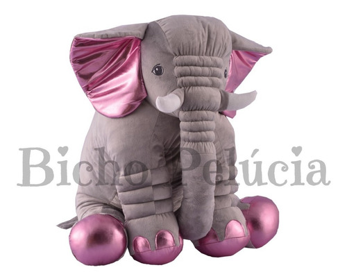 Almofada Travesseiro Elefante Pelúcia Cinza C/ Rosa 80cm