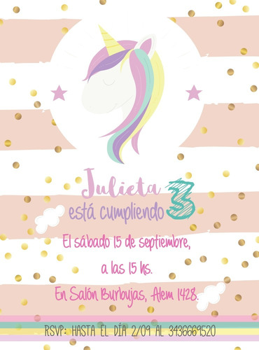 Tarjeta Invitación Unicornio Imprimible Personalizada