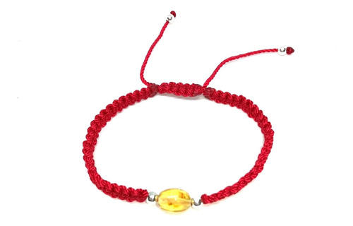 Pulsera  De Ámbar Y Plata.925 Tejida Macrame Hilo Rojo 