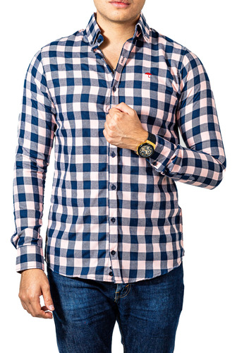 Camisa Hombre Franela Slim Fit Cuadros Marino, Coral Alexis 