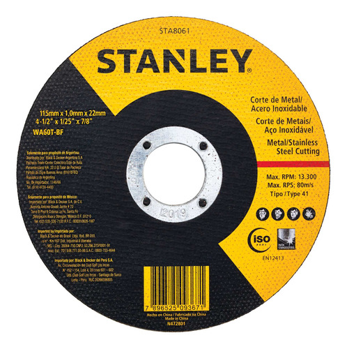 Disco Corte Metal/inox 4 1/2  Eje 7/8  Stanley Sta8061