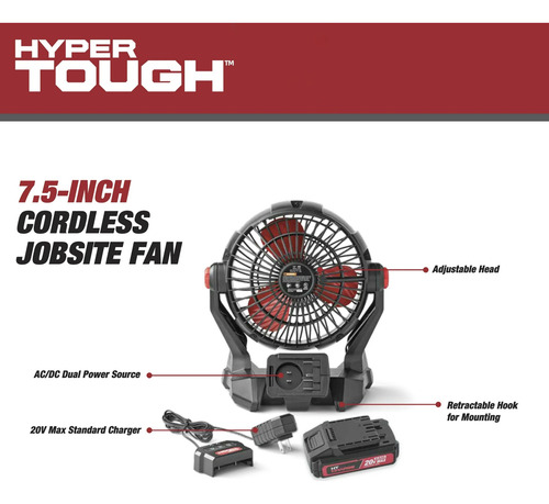Abanico Ventilador Hyper Tough 7.5 Inalámbrico 20v 30.48 Cm 20v Negro Rojo Plástico 3
