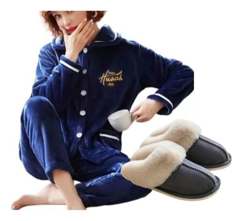 Conjunto Pijama Polar Para Mujer Y Pantuflas Regalo Dia Mama