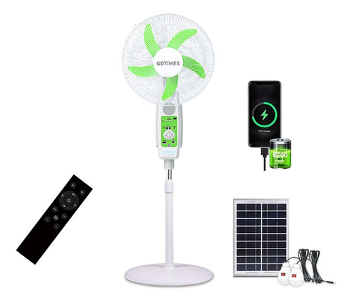 Ventilador De Piso Solar Recargable De Batería Silencioso 16 Pulgadas Con Luz Led Y Control Remoto,9 Velocidades Ajustables, 180° Giratorio