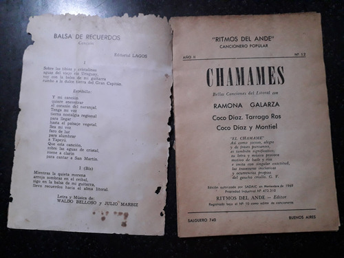 Libro Canciones Chamames Ramona Galarza Coco Díaz Montiel (Usado)