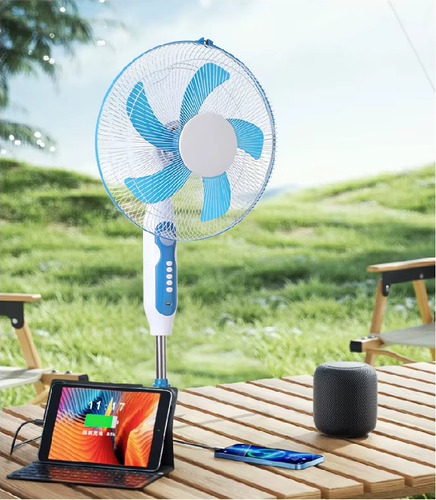 Ventilador Con Panel Solar Recargable Luz Led 43 Cm 50 Blanco Azul Plástico 5