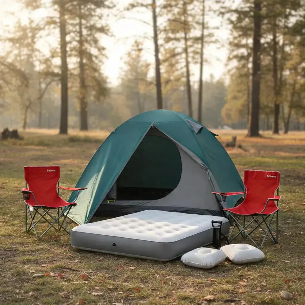 Carpa 4 Personas Colchón 2p Almohada X2 Sillas X2 Inflador Color Verde/Gris/Rojo