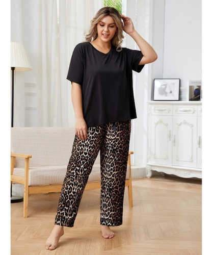Conjunto De Pijama Con Estampado De Leopardo De Talla Grande