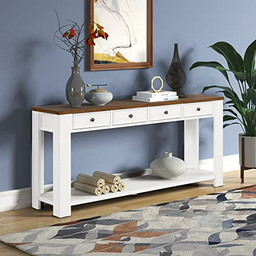 Mesa De Entrada Rústica Con Cajones Y Estantes, Blanca Y Mar