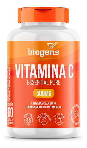 Vitamina C Essential Pure 500mg Por Cápsula, 60un, Biogens