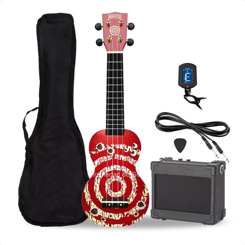 Combo Ukelele Electroacustico Diseño Mandala Dibujos Colores Bamboo Cuerdas Aquila Amplificador Funda Pua Afinador Cable