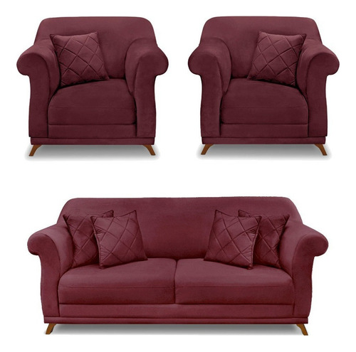 2 Poltronas E Sofá Living 2 Lugares 1,80m Vênus Veludo Vinho