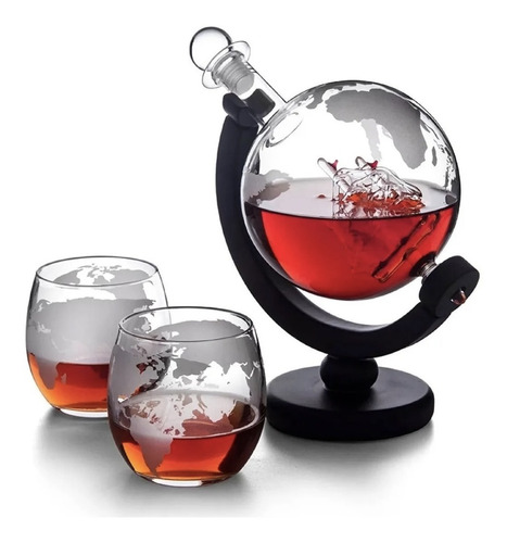 Decantador De Whisky Premium Alcohol + 2 Vasos Mapa Mundial