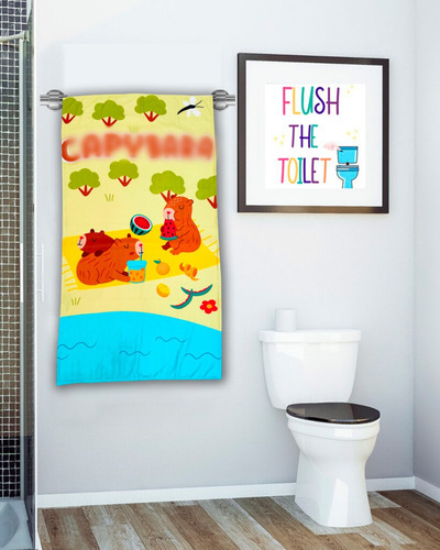 Toalla De Baño Diseño Capibara Picnic 155x85 Cm Microfibra Crema Lisa