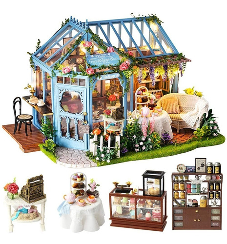 Casa De Muñecas Miniatura De Té Con Jardín De Rosa - Cutebee