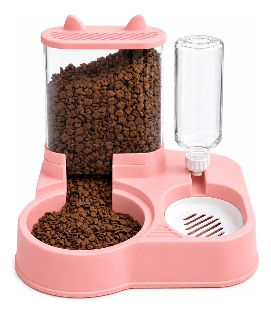 Comedero Y Bebedero Perro Gato Automático 2 En 1 Dispensador Rosa