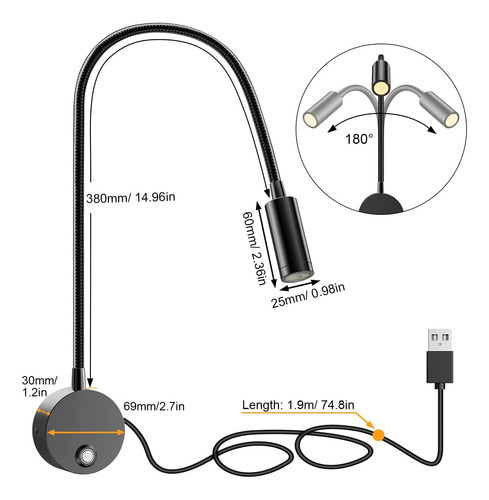 Luz De Lectura Led Montada En La Pared Con Un Cuello De Cisn
