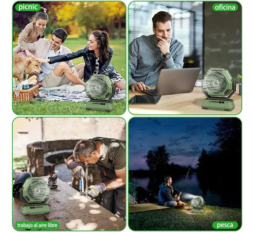 Ventilador De Camping Portátil Recargable Con Luz Led Y Ganc Verde