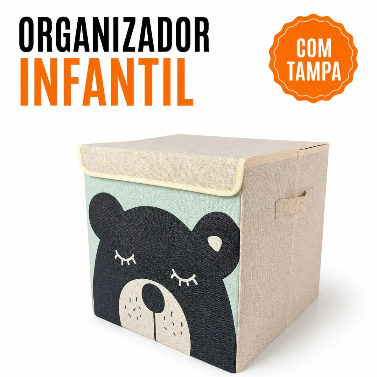 Caixa Organizadora Infantil Dobrável Fast Ecom de Urso, para Brinquedos e Roupas, com Tampa